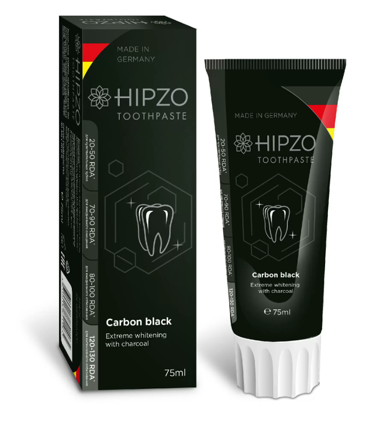 фото упаковки Hipzo Carbon Black Зубная паста экстра-отбеливающая