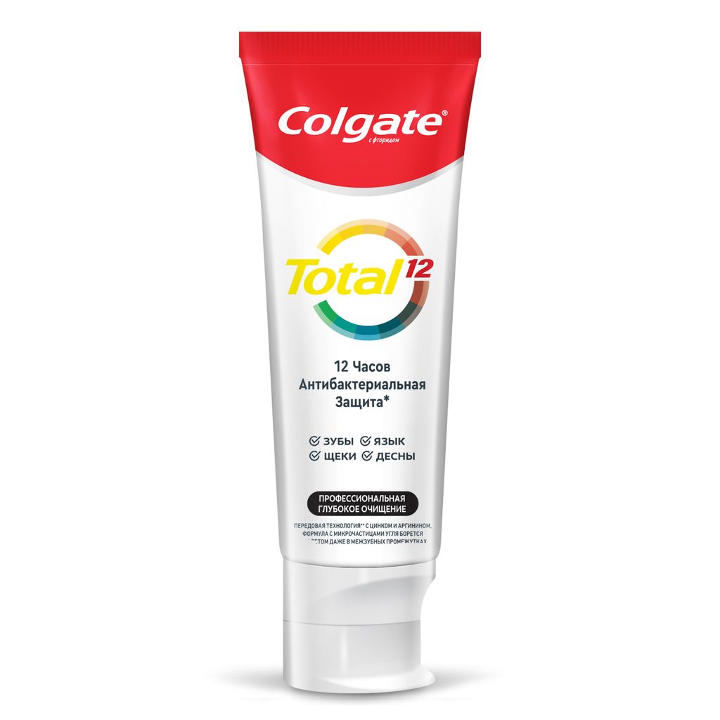 Colgate Паста зубная Total 12 Профессиональная Глубокое Очищение, паста зубная, с древесным углем, 75 мл, 1 шт.