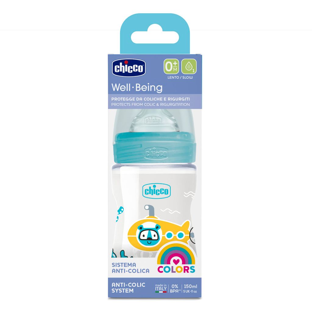 Chicco Well-Being Boy Бутылочка с силиконовой соской 0+, для детей с рождения, 150 мл, 1 шт.